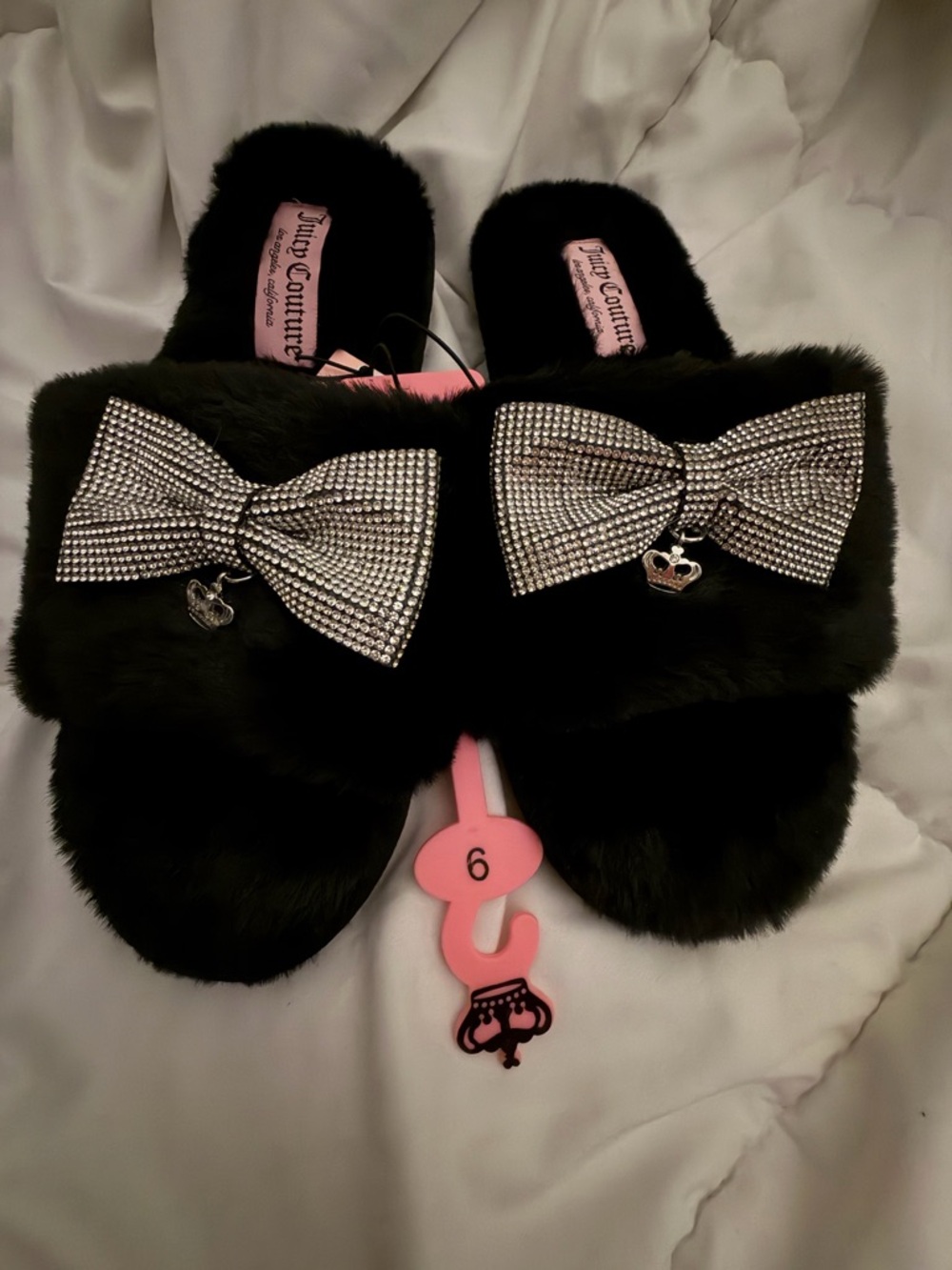 Juicy Couture Black Faux Fur Slide Slippers with Crystal Bow Accents